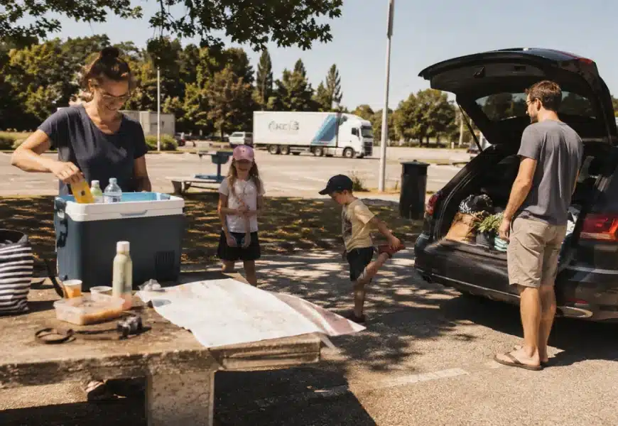 Famille faisant une pause sur une aire d'autoroute pendant le voyage en vacances